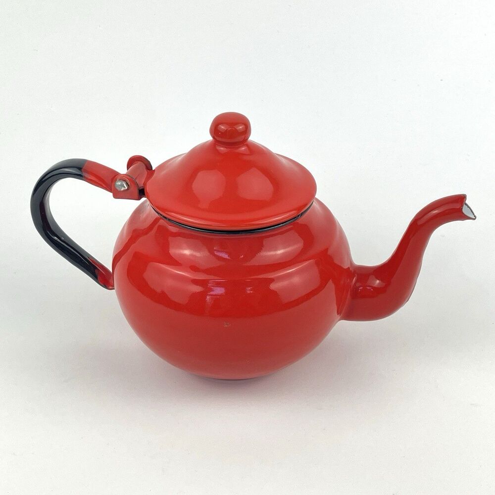 Vintage Red Enamelware White Interior Metal Teapot /w Hinged Lid
